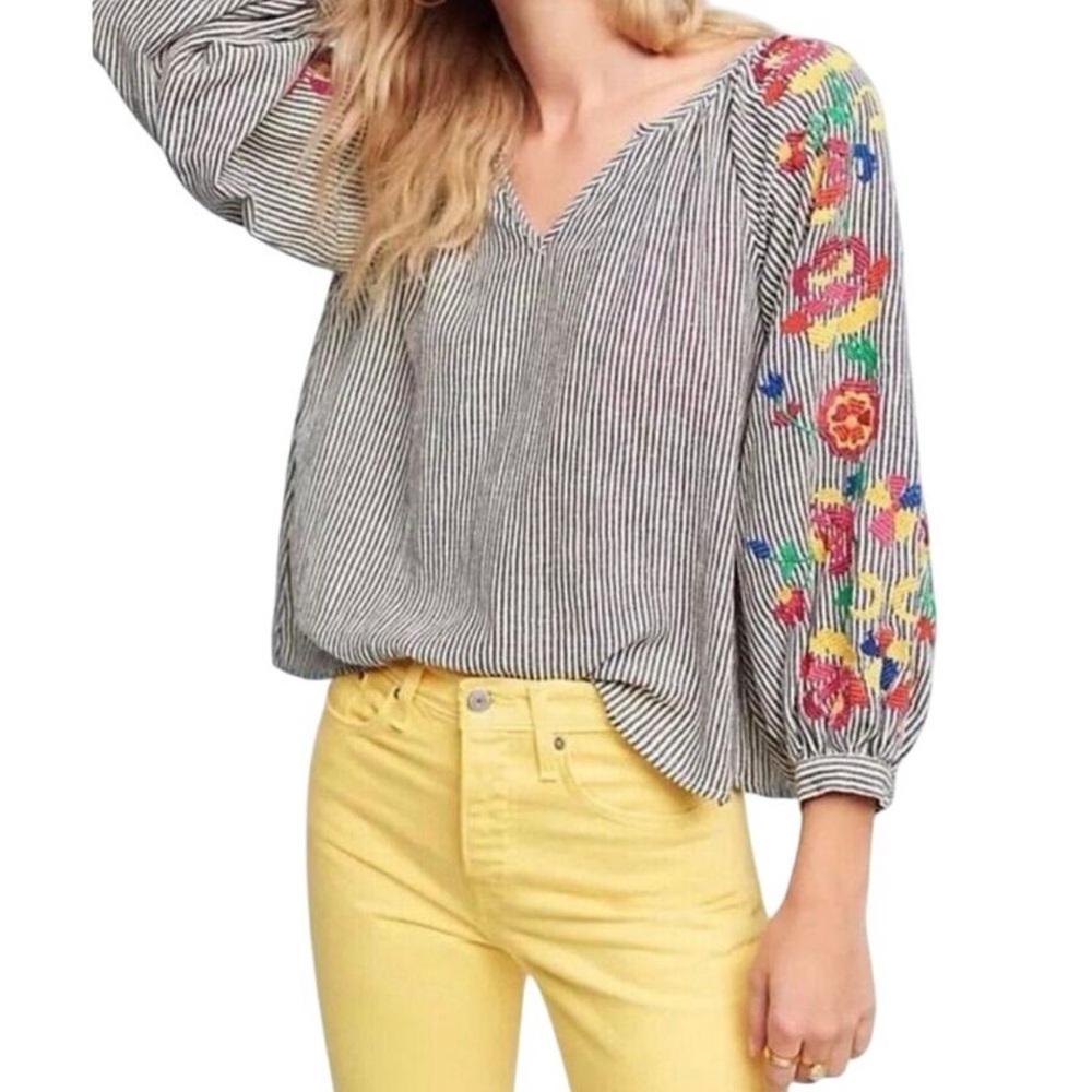 Anthropologie Floreat Embroidered Soleli Top with Colorful Fringe Tassels